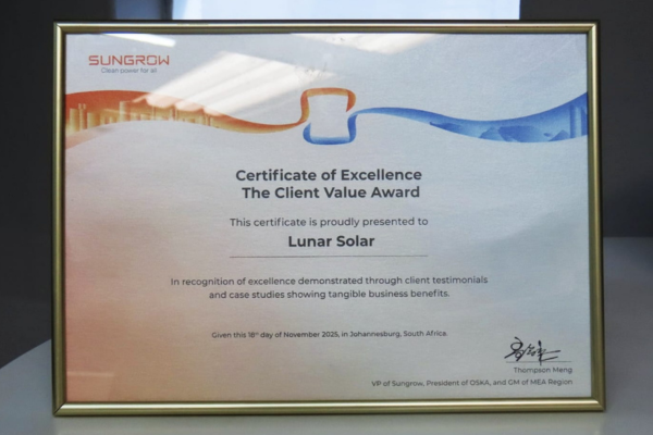 Lunar solar Certificate of Excellence - The Client Value Award